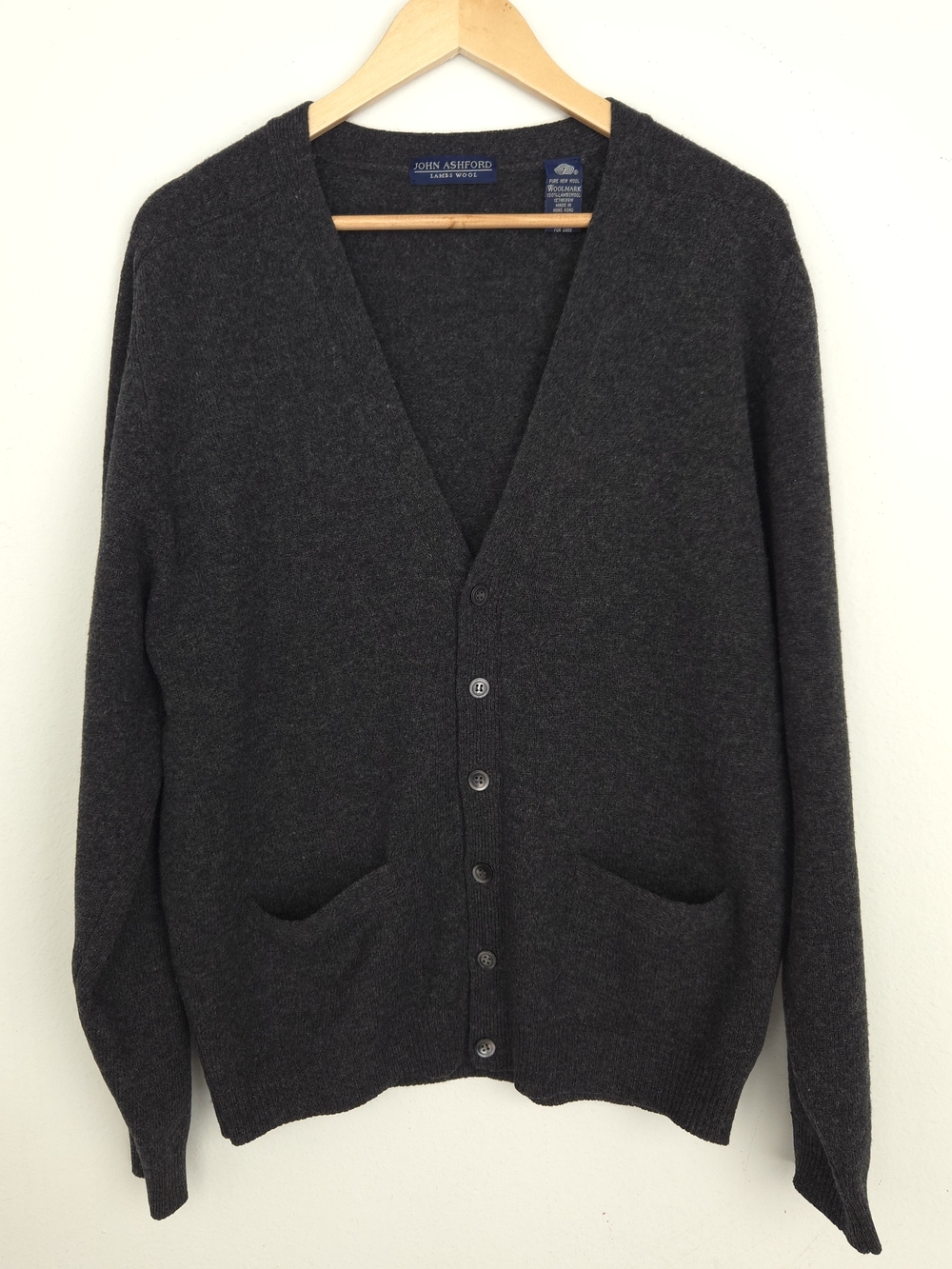 John Ashford Men's 100% Lambs Wool Dark Charcoal Gray Button Cardigan Sweater M